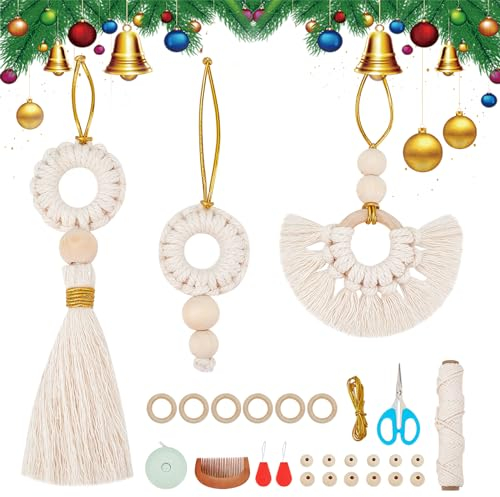 FREEBLOSS 6 Set Weihnachten Makramee Kit für Anfänger Weihnachts Ornamente mit Anleitung Weihnachtsbaum Hängende Ornamente für Urlaub Wandbehang