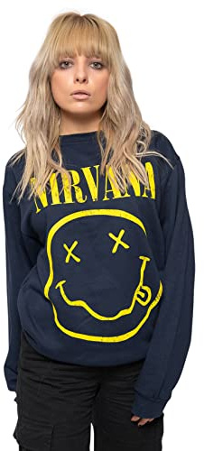 Nirvana Sweatshirt Yellow Smiley Band Logo Official Unisex Navy Blue M