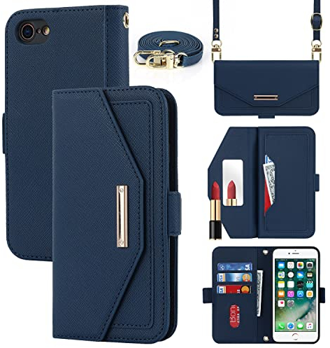 Cavor Case compatible with iPhone 7 Plus/8 Plus Phone Case With Strap,Crossbody Flip Leather Wallet Case,[5 Card Holder][Mirror][Magnetic],Lanyard Case Cover for women - Blue