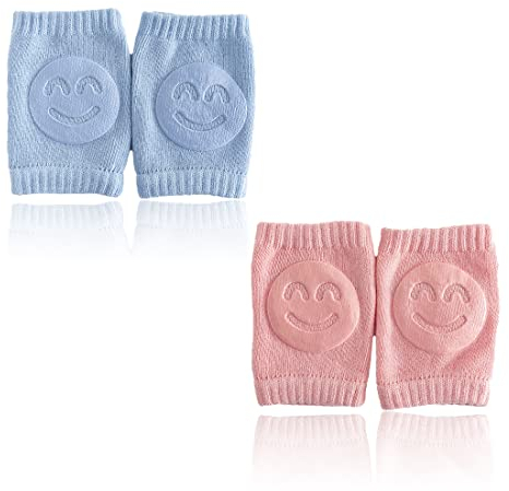 2 Paar Krabbelknieschoner für Neugeborene, Rutschfeste Krabbelhilfe aus Baumwolle, Rutschfeste Gummimatten aus Baumwolle für Unisex, Blau Rosa