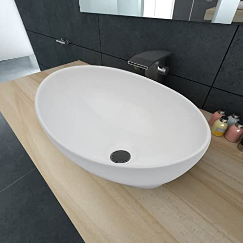 WIFESE Lavello in Ceramica di Lusso Bianco Ovale Arredo Bagno Lavello Ceramica Appoggio Lavabo Bagno Lavabo Lavanderia Lavabo Da Esterno Lavabo In Ceramica Lavatoio Ceramica 40x33x13,5 cm