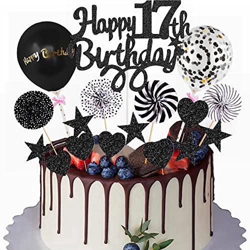 Yunchu Online Happy 17th Birthday Tortendeko Schwarz Tortendeko 17 Geburtstag Deko Kuchen Topper 17 jahre Junge Mädchen Kuchendeko 17. Geburtstag Schwarz Tortendeko für 17. Geburtstag Cupcake Toppers