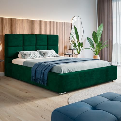 MOTIVENA Luna Bett 200x200, Polsterbett 200x200, mit Bettkasten, mit Stauraum, mit Lattenrost, mit Kopfteil, ohne Matratze, Samt, Grün (Dunkelgrün)