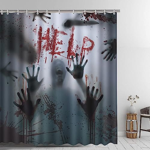 AIBIIN 182,9 x 182,9 cm Halloween Help Me Bloody Hands Duschvorhang für Badezimmer gruseliger Badezimmer-Fenstervorhang blutiger Horror-Badewannenvorhang strapazierfähiger wasserdichter Stoff