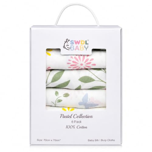 SWDL® Muslin Cloths for Baby - 100% Cotton Muslin Squares (Pack of 6, 70 x 70 cm) | Soft, Absorbent & Breathable | Perfect as Baby Bibs & Burp Cloths | Pastel Collection