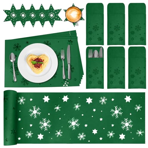 FHzytg 19 Stück Tischset Weihnachten Tischläufer Rot, Tischset Platzset Weihnachten Tischläufer Tischset Weihnachten Filz Platzset Bestecktasche Untersetzer Tischläufer aus Filz für Weihnachten (Grün)