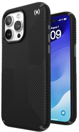 Speck iPhone 15 Pro Max Hülle - MagSafe kompatibel, Fallschutzgriff - Kratzfest, Soft Touch, 6,7 Zoll Handyhülle - Presidio2 Grip Schwarz/Schiefergrau/Weiß