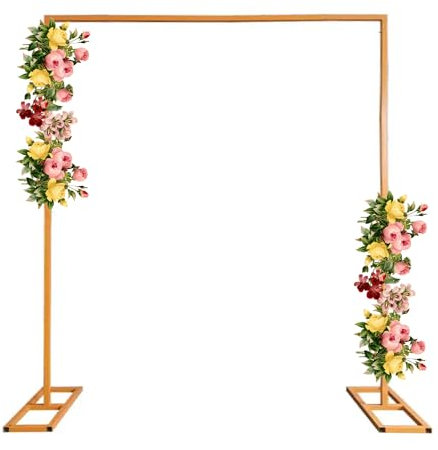 WedDecor Square Shaped Balloon Arch Stand With Base Plants Vine Climbing Metal Frame with Floor Base For Wedding, Birthday, Parties Photo Background Decorations, 200cm x 200cm, Gold