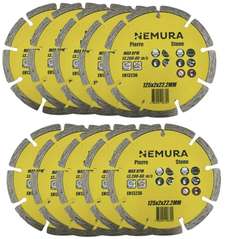 Nemura Lot de 10 Disques Diamants 125 mm - Outils de Coupe Diamantés pour Béton, Pierre, Carrelage et Brique 125 x 2 x 22,2mm - pour Professionnel et Bricoleur - Matériau Robuste - Marque Française