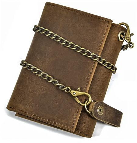 LUUFAN Vintage Trifold Cowhide Top Grain Leather Wallet with Anti-Theft Chain for Men Cash Coin Credit Card Purse with ID Window (6006-Brown)