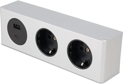 kalb | Möbel-USB-Ladestation, Unterbaumontage, Vielseitige Powerbox mit 2 Schukosteckdosen und USB-Anschlüssen (USB-A und USB-C), 200x46x62,5 mm, 230V, einfache Montage für Elektrogeräte, Silber