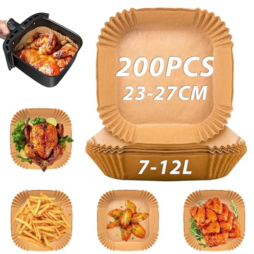 Sungoup Papel Freidora Aire 23-27 cm, 200 Piezas Papel para Freidora de Aire Impermeable a Prueba de Aceite, Papel Air Fryer Cuadrado de 7 a 12 litros Airfryer, Compatible con COSORI/Cecotec