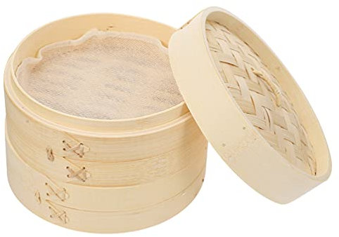 JOEBO Panier Vapeur en Bambou de 17,8 cm for boulettes, Panier Vapeur Bao Bun à Deux Niveaux, cuiseur Vapeur Dim Sum for Chinoise (avec Couvercle et Chiffon Vapeur)