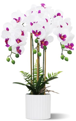 Olrla Orquídeas Artificiales Arreglo de Flores con 3 Ramas en Maceta, Blanco y Violeta Phalaenopsis Artificial Bonsai para Hogar Oficina Hotel Decoración de Mesa