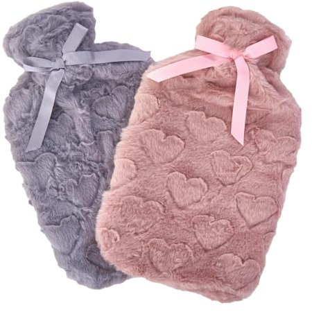 K Collection 2 x Hot Water Bottles – Embossed Hearts Fleece Plush Cover – Natural Rubber 2L Capacity - Pink and Grey - Pack of 2