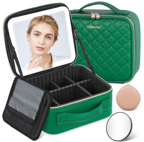 Aiborke Travel Makeup Bag with Led Mirror Makeup Case with Lighted Mirror Cosmetic Organizer Bag with Adjustable Dividers and 5X Magnifying Gift for Women, Green, Portable