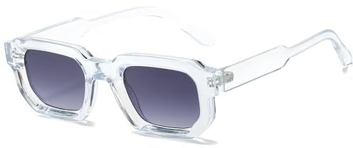 RUNHUIS Vintage Rechteckige Sonnenbrille für Damen Herren, Retro Sechseck Kleine dicke Rahmen Getönte Chunky Brille Transparent/Purpurgrau