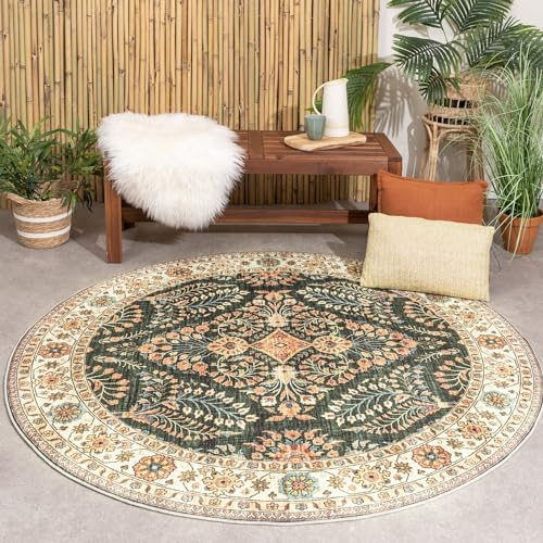 FRAAI | Home & Living Vintage Gartenteppich Rund - Santo Flora Dunkelgrün - Wetterfest - Polyester - Flachgewebe - Balkon, Garten/Terrasse - Terrasse - Rug
