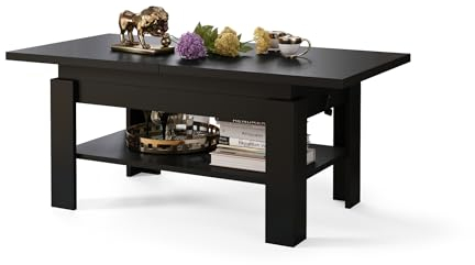 All4All Couchtisch Rino - Kaffeetisch - Wohnzimmertisch mit Ablage - Sofatisch - ausziehbar bis 170cm - höhenverstellbar - 130x65cm - 05 - Schwarz