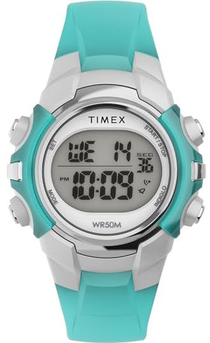 Timex TW5M61400 Youth Digital Armbanduhr, 33 mm, digitales Zifferblatt, silberfarbenes Gehäuse, blaues Harzarmband