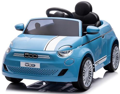 Auto elettrica per bambini Fiat 500 di 3 anni, potenza motore 2x30W, volante con suono, cinture di sicurezza (Blu)