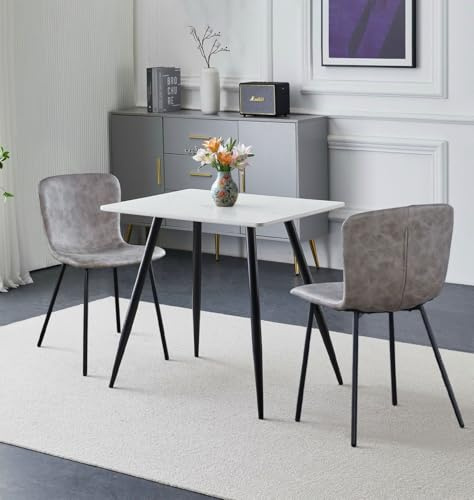 Hallowood Furniture Cullompton Small Dining Table and Chairs Set 2 80x60cm | 80x60cm White Marble Effect Top Kitchen Table and Chairs in Taupe Faux Leather Upholstery, Space Saving Dining Room Set for 2