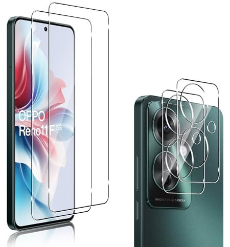 QULLOO [2+2 Piezas Protector de Pantalla para OPPO Reno 11F 5G / Reno 11 F + Protector de Lente de cámara, 9H Dureza Vidrio Templado Sin Burbujas Film Cristal Templado para OPPO Reno11 F