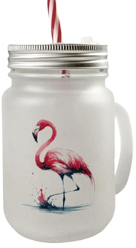Rosa Flamingo Mason Jar Henkel Trinkglas mit Deckel Tropisches Ambiente Pinker Vogel im Schwan-Design mit eleganten Beinen und farbenfrohem Gefieder-Schnabel