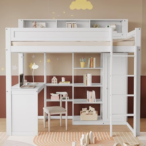 KUAKE Kinderbett Hochbett mit Schreibtisch, Treppe und Kleiderschrank, Etagenbett Einzelbett mit Schließfächern und Lattenrost, Stauraumbett, weiß, 90x200, ohne Matratze