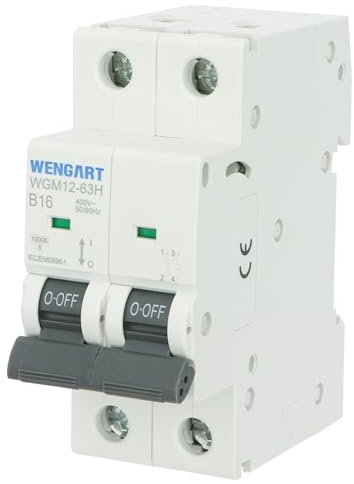 Wengart MCB WGM12-63H - Disjoncteur AC230V 16A 2P 10kA B-Char, convient pour les appareils ménagers et les circuits d'éclairage - Convient pour les boîtes de distribution