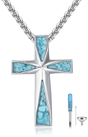 URONE Kreuz Urne Kette für Asche 925 Sterling Silber Kreuz Türkis Anhänger für Asche Einäscherung Schmuck Gedenkgeschenke für Mama Papa Verlust