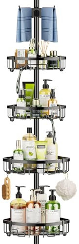 Mutool Adjustable Corner Shower Shelf, Telescopic Shower Caddy with Towel rack, No Drilling Bathroom Storage Organizer for Shampoo Accessories, Black