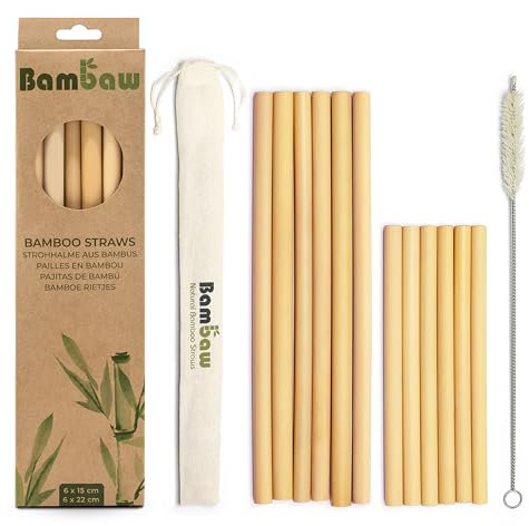 Bambus Strohhalme | 6 x 13 cm + 6 x 22 cm | 12er-Pack | Wiederverwendbare Trinkhalme | Biologisch abbaubare Strohhalme | Strohhalme Ohne Plastik | Reinigungsbürste Für Trinkhalme | Bambaw