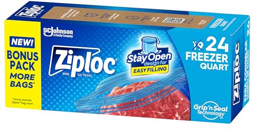 Ziploc Quart Food Storage Freezer Bags, Stay Open Design with Stand-Up Bottom, Easy to Fill, 24 Bags Total