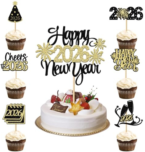 ENLACE 2026 Tortendeko Neujahr,13 Stück Glitzer Cake Topper Happy New Year 2026,Kuchendeko Silvester Deko 2026,Happy New Year Tortendeko Schwarz Gold,2026 Torten Topper Neujahr für Silvester Party