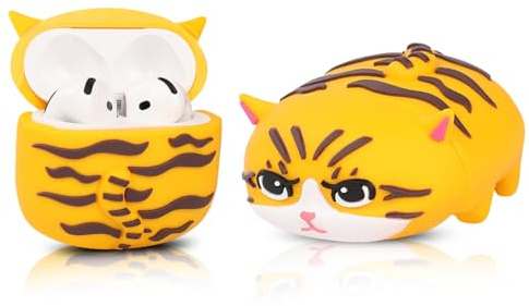 LEWOTE Kompatibel mit Apple Airpods 5/4 Case Schutz Lustige niedliche Cartoon Slim Cover mit Schlüsselanhänger Katze Gelb