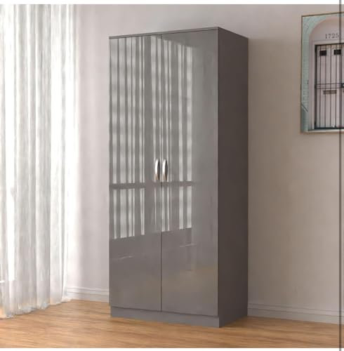 2 Door Wardrobe High Gloss with Shelf & Hanging Rail Modern Furniture Clothes Storage Organizer Unit for Bedroom and Office (Grey, Large)