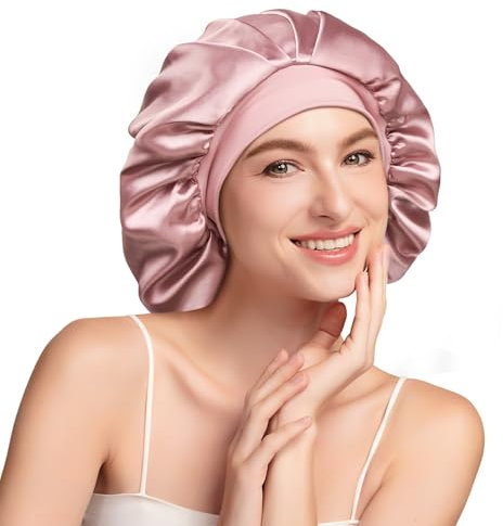Umisleep 22 Momme Schlafhaube zum Schlafen mit Maulbeerseidenfutter, Doppelschicht Schlafmütze, Verstellbar mit Elastischem Band, rutschfest & Haarschutz für Lange und Lockige Haare, Weich, Rosa