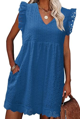 PASUDA Sommerkleid Damen Kleider V Ausschnitt Freizeitkleider Elegant Midi Kleid High Waist A-Linien Strandkleider mit Tasche (Blau, L)