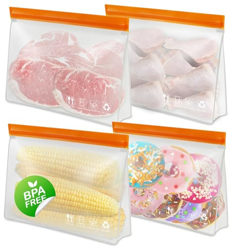 Reusable Freezer Bags, Extra-thick Leakproof Gallon Vegetable Snack Sandwich Bag (With Standing Base Design, 4 Pack Stand Up Bags (4L))