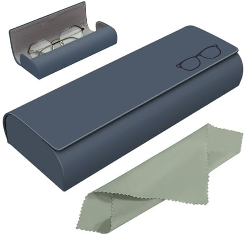 Azwood Brillenetui Hardcase, Premium PU Leder Brillenetui Marineblau Brillen Etui Damen und Herren Wird mit einem Mikrofasertuch für Sonnenbrille Lesebrille Sportbrille