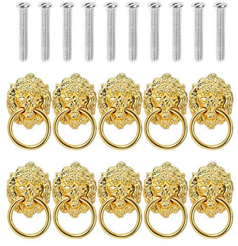 10 Stück Löwenkopf-Knopf aus Zinklegierung, Türklopfer-Hardware-Ring, Möbelbefestigungsschrauben, antike Türgriffe, Griffknöpfe(Gold)