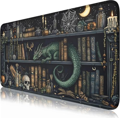 Nasdalgias Schwarze Schreibtischunterlage mit Drachen-Bibliothek, Bücherregal, großes XXL-Mauspad im Vintage-Stil, Gaming-Mauspad