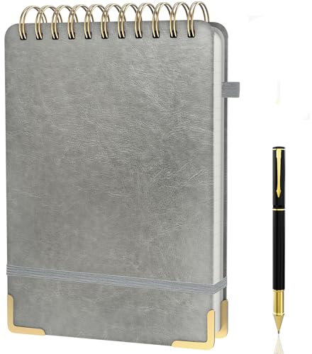Mousbull A5 Top Spiral Notebook, Large Leather Hardcover Top Bound Steno Pads, 240 Pages 100 gsm Thick Lined Paper Left Handed Notebook Journal for Work, School, Meeting Writing - Gray, 5.9 x 8.5