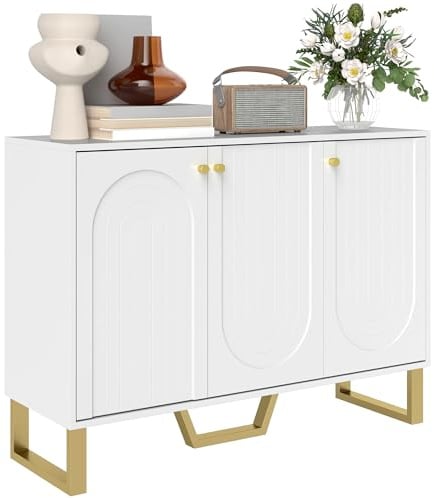 HOMCOM Sideboard mit 3 Türen, modernes Wohnzimmer mit verstellbaren Regalen und goldenen Beinen, für Esszimmer, Eingang, TV-Möbel bis 127 cm, Weiß, 106,5 x 35 x 77,5 cm