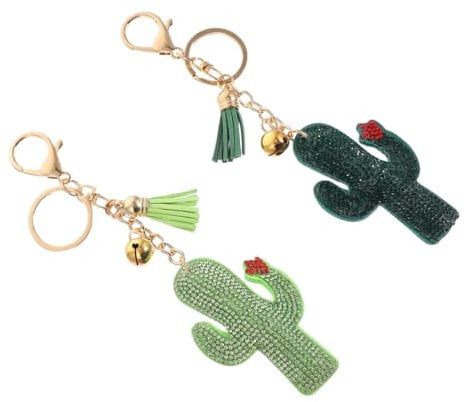 Veemoon 2pcs Keychain Pendant Rhinestone Cactus Design Ring Bag Charm Keyring Accessory