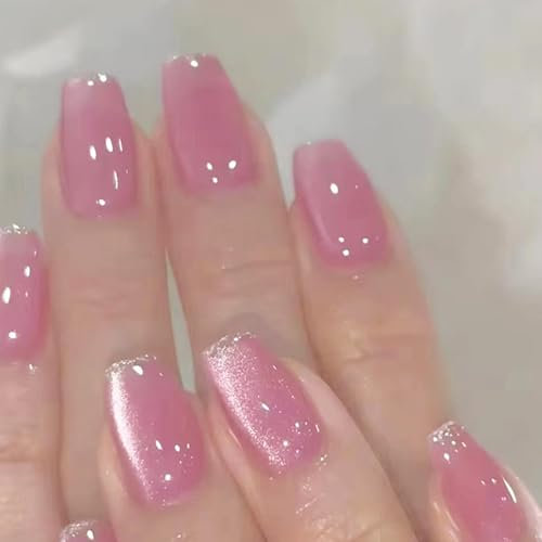 24PCS Pink Cat Eye Press on Nails – Medium Coffin Glitter Acrylic Nails for Women, Shiny Full Cover Fake Nails with Glue, Elegant Pink Press On Manicure Set