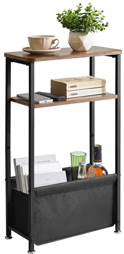 Aibiju Narrow Side Table with Storage, 3 Tier Slim End Table for Small Spaces, 40x20x66cm Narrow Bedside Table, Small Nightstand with Fabric Basket for Bedroom, Living Room, Rustic Brown YD-ST002H