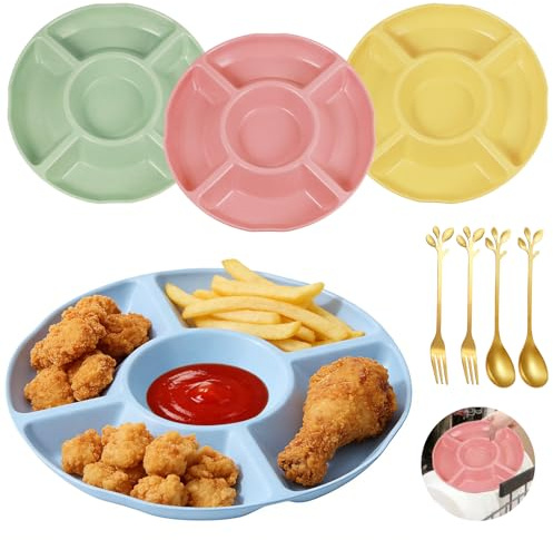 YiyouYi Compartment Trays with 5 Sections, Round Snack Plate Stackable and Non-Slip, Snack Platter Microwave/Dishwasher/Reusable for Camping, Picnic, Kitchen, BBQ, Party (23 x 23 x 2.7 cm)