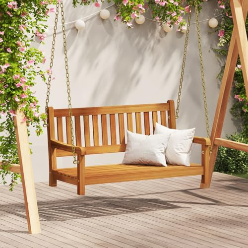 HEFZGDB Garten-Schaukelbank 2-Sitzer aus Massivholz Akazie 110x56x58 cm, Teakholz Gestell mit Rückenlehne vertikale Streifen, Wetterfeste Lackierung für Balkon und Außenbereich,